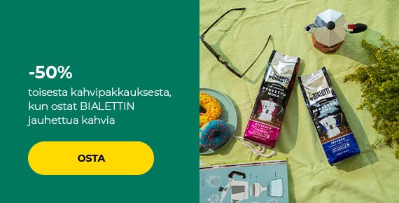 -50 % toisesta kahvipakkauksesta, kun ostat BIALETTIN jauhettua kahvia