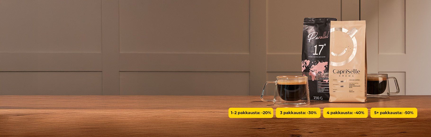 Jopa -50% alennus CAPRISETTE- & PARALLEL-kahvipakkauksista
1 kg | 250 g
